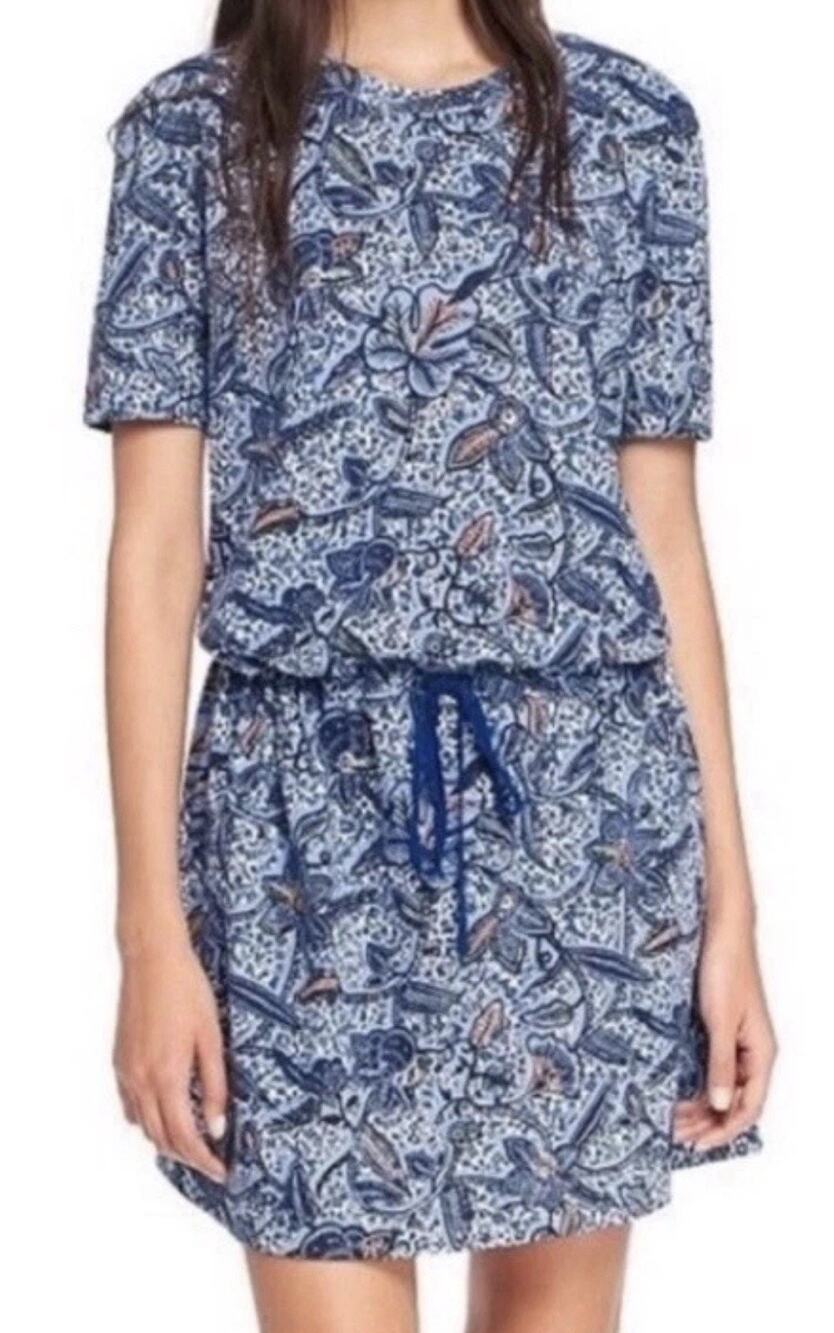 Tory Burch Floral Drawstring Cotton Dress Blue Haven Small